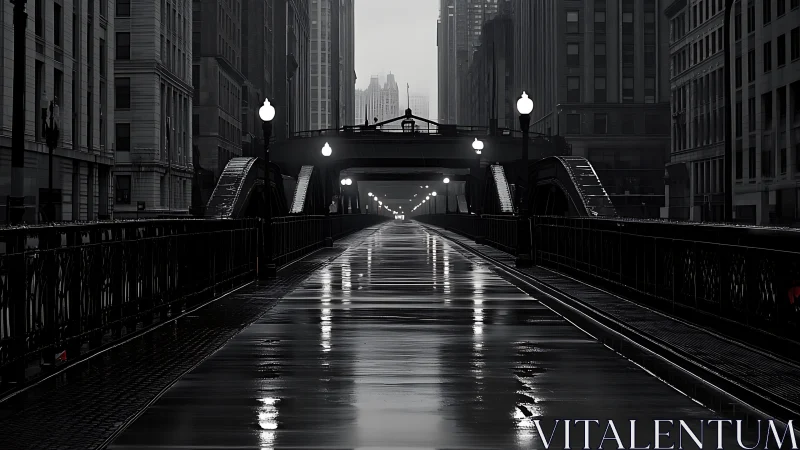 Quiet city bridge glowing after gentle evening rain.