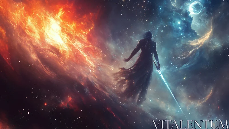 Lone cosmic warrior strides between blazing nebula realms