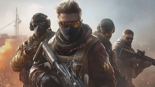 Squad of tactical heroes standing strong in battle smoke.