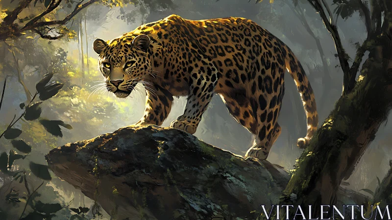 Leopard on moss-covered rock in misty forest.