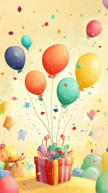 Volumetric Celebration: Radiant Gift Box with Ascending Balloon Cluster.