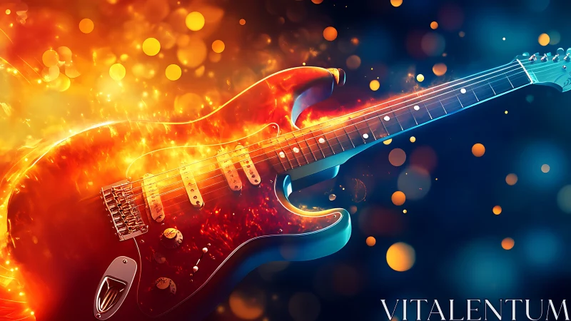 Electric guitar blazes through molten bokeh and neon night
