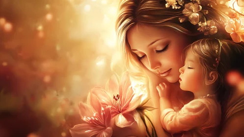 Mother and Child Portrait with Floral Elements and Warm Lighting