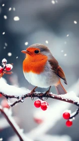 European robin on snowy berry branch in shallow depth of field