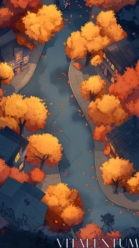 Autumn street glows beneath golden trees at twilight.