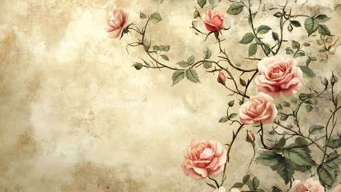 Soft rose vines drifting over vintage parchment calm.