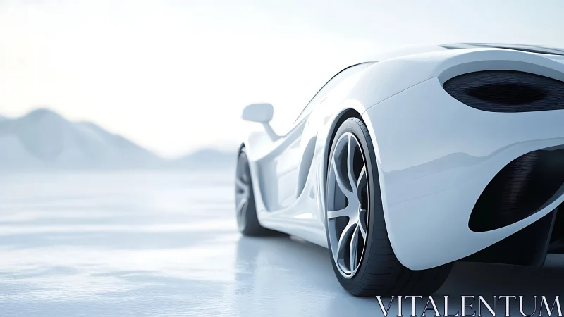 Sculpted white supercar in minimalist icy landscape.