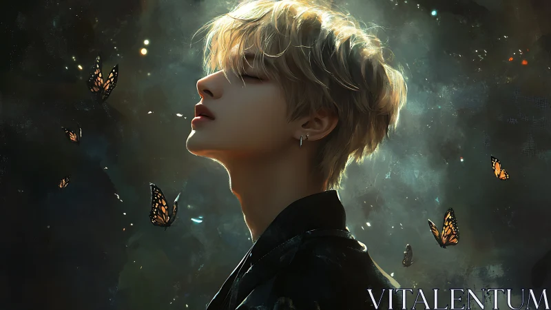 Digital painting portrait with luminous butterflies and bokeh haze.