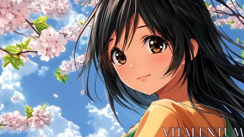 Smiling anime girl under bright cherry blossoms sky.