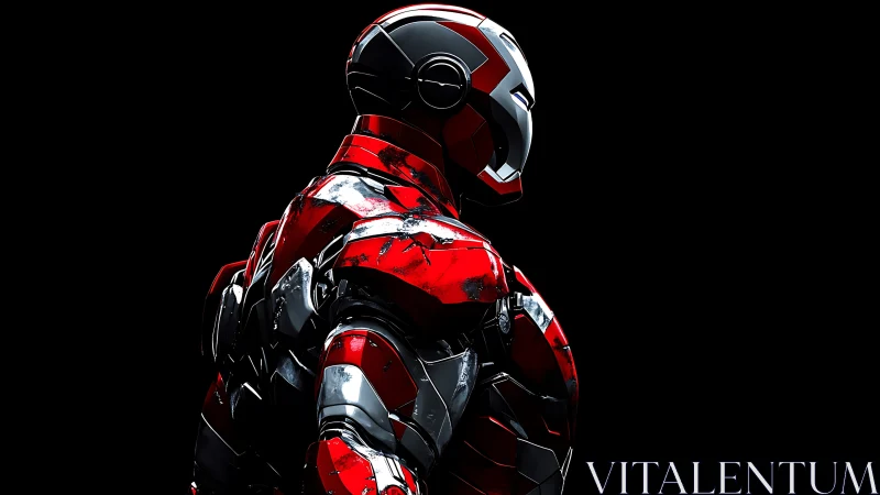 Red armored exosuit profile against deep black void.
