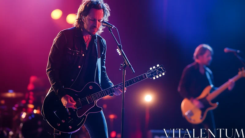 Velvet neon guitar storm on a smoke-hazed concert stage.