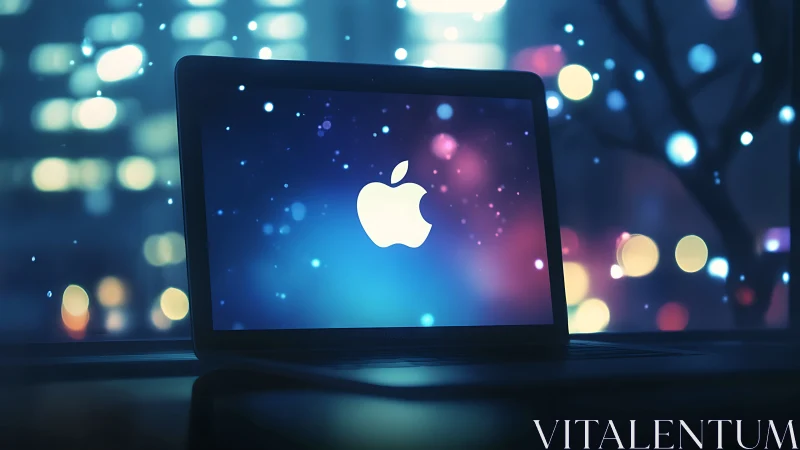 Luminous laptop screen with glowing logo in city nightscape.