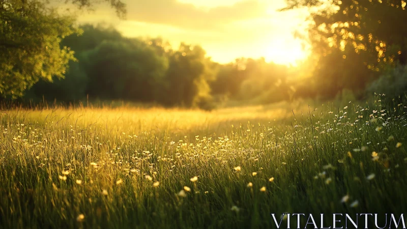 Sunlit meadow glows under warm golden evening light.