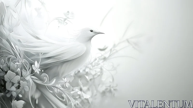 White bird rests amid stylized floral forms and soft light