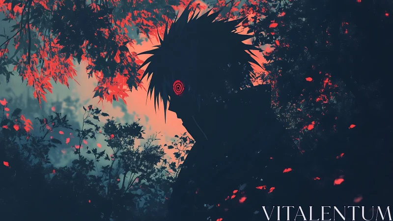 Silhouetted anime figure with glowing eye framed by high-contrast foliage