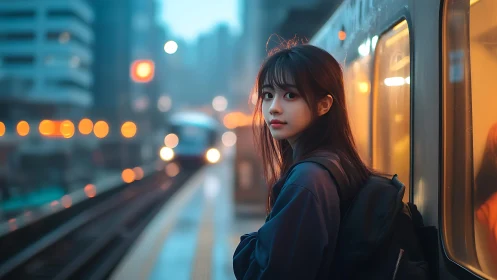 Girl waits on a misty city platform as evening lights glow