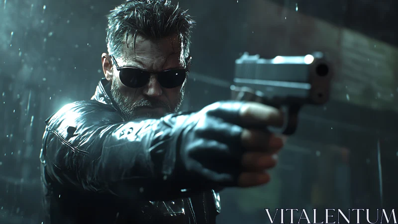 Determined action hero stands firm in the rain, focused and ready.