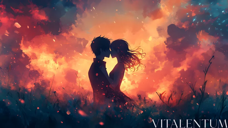 Silhouetted Couple Embracing in Fiery Sky.