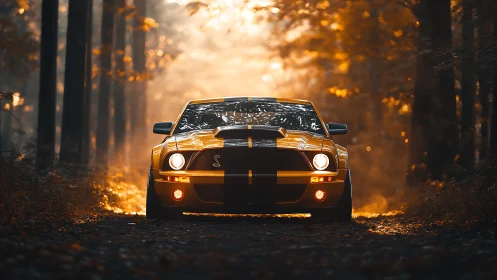 Golden muscle car pausing in a quiet, glowing forest road.