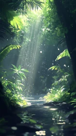 Sunlit Jungle Ravine with Volumetric Light Rays and Tropical Canopy