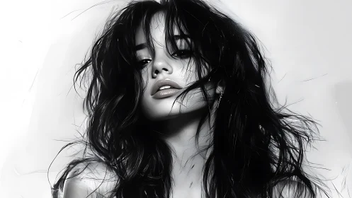 Storm-tossed muse in monochrome glow, hair like quiet thunder.