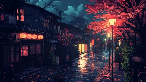 Rain-soaked Kyoto alley glows under crimson lanterns.