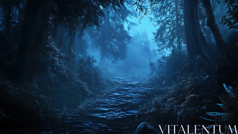 Misty Forest Path Through Ancient Woods.