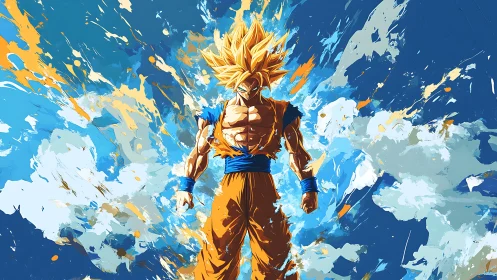 Dynamic anime warrior amid explosive abstract energy field.