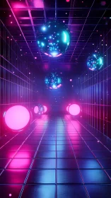 Neon spheres drift through a glowing sci fi tunnel of light