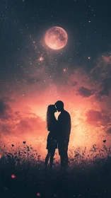 Two Hearts Under a Glowing Crimson Moon
