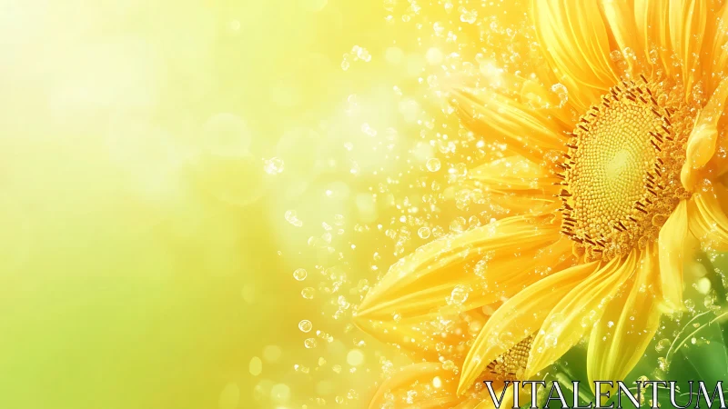 High-saturation sunflower macro with suspended water droplets dynamics