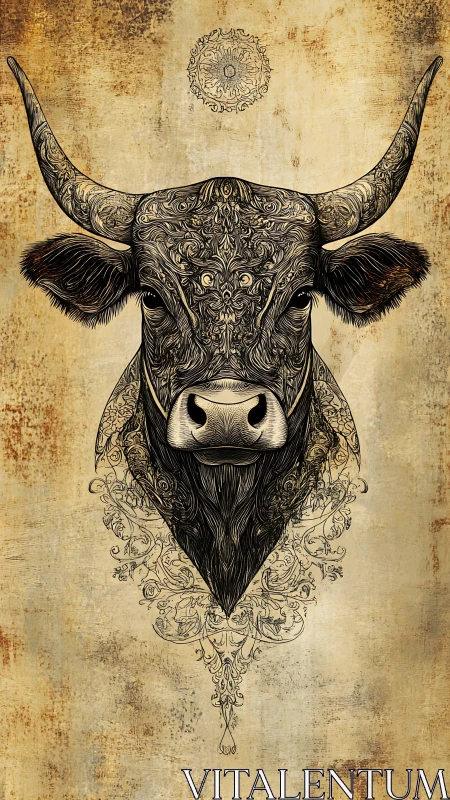 Majestic ornamental bull portrait celebrates calm, steady strength