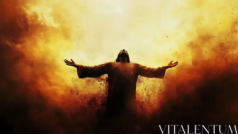 Radiant figure rising through storm of golden embers and light.