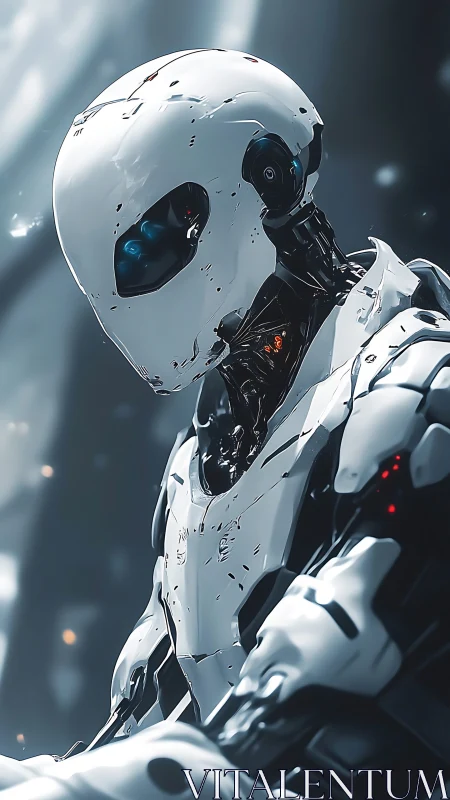 Gentle white android pausing in a quiet futuristic glow.