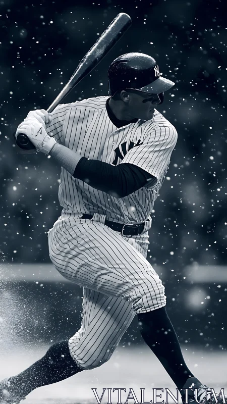 Baseball batter swings through snowfall under stadium lights