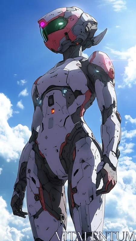 Armored humanoid robot standing against bright blue sky.
