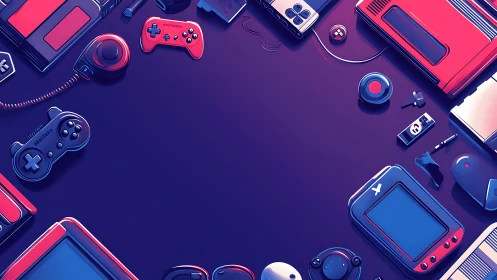 Isometric retro gaming controllers in neon duotone ring layout.