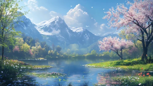 Spring lake reflects snowcapped mountains and blossoms.
