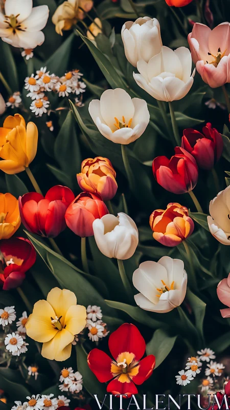 Colorful tulips and daisies blooming densely in spring garden