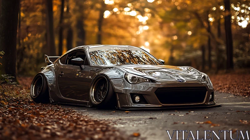Autumn-stanced sports coupe prowls a golden forest road.