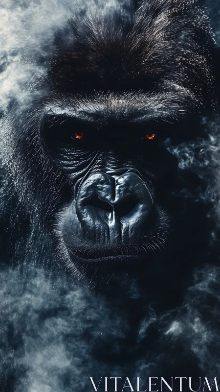 Embers ignite within a shadowborn gorilla wrapped in mist