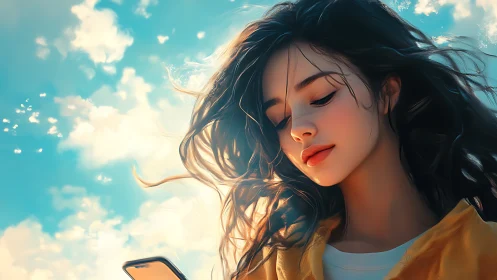 Sunlit daydreamer with phone adrift in cloud-bright sky.