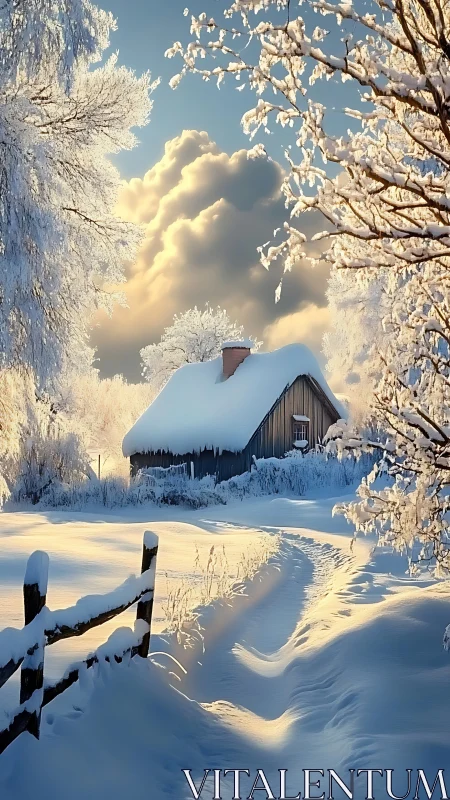 Snow-draped cottage listens quietly to a golden winter sky