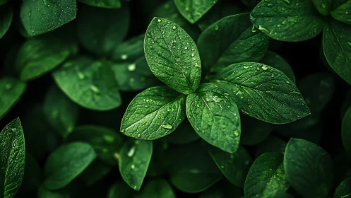 Close-up view of green leaves covered in water droplets.