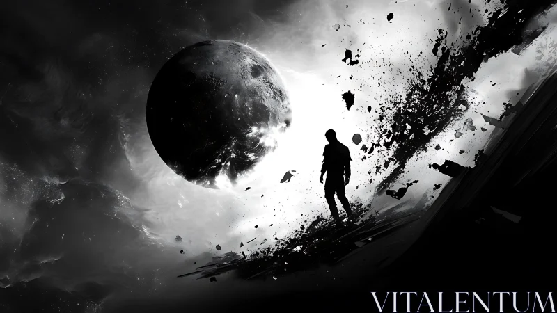 Silhouetted wanderer strides through a shattering lunar void