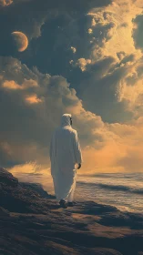 Hooded solitary figure on tidal shore beneath crescent moon