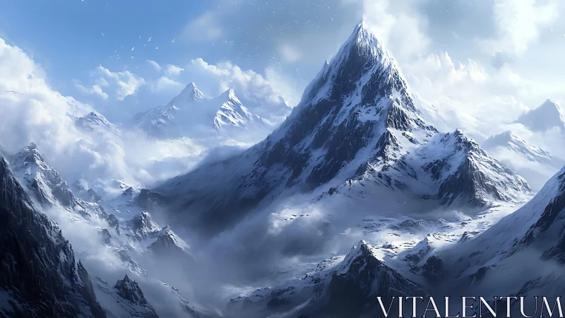 Stormborn summit crowned in drifting winter light.