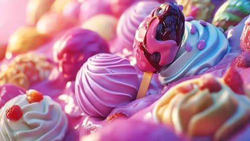Rendered confectionery arrangement with popsicles and frosted formations.