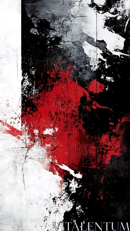 Textured red black white abstract forms create vertical tension