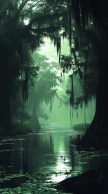 Misty emerald swamp path bathed in quiet morning light.